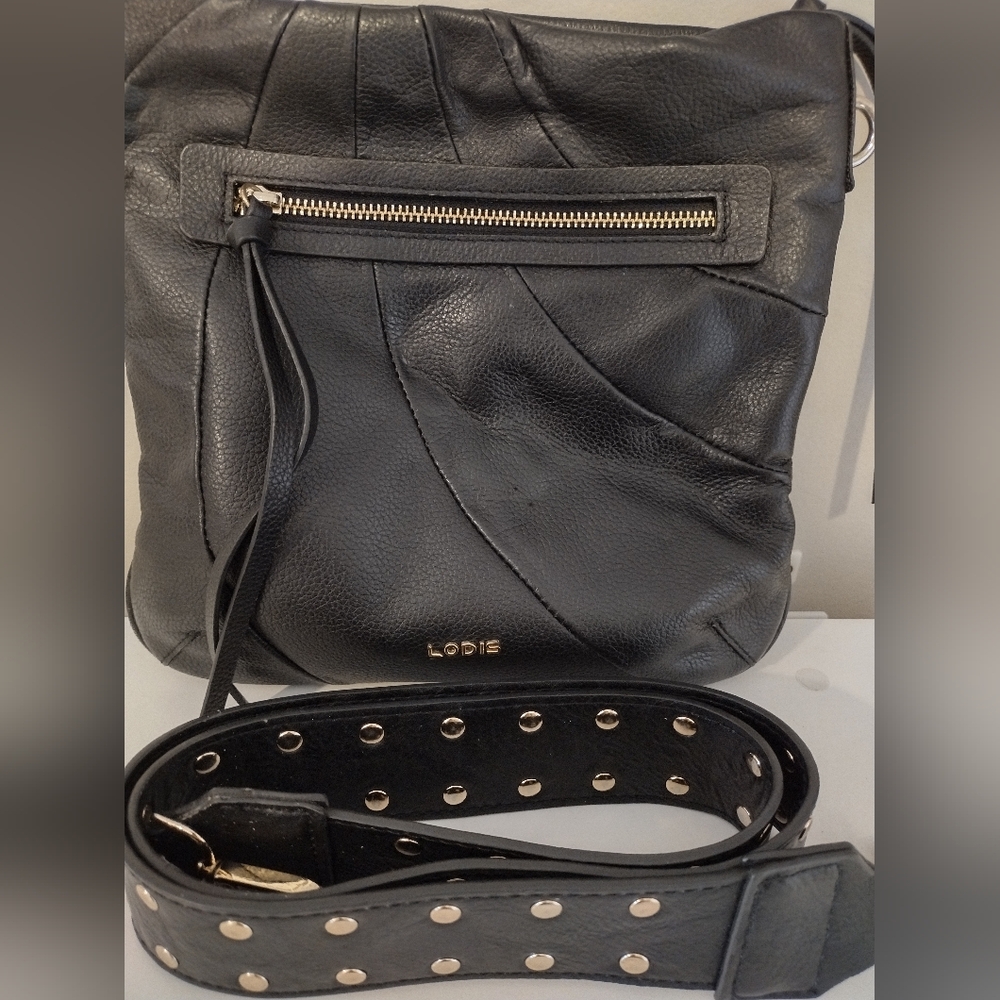 Lodis black leather messenger bag with studded strap.